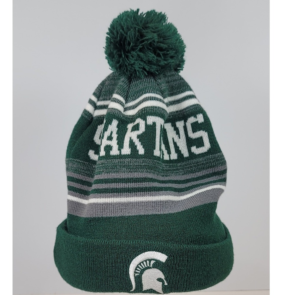 Captivating Michigan State Spartans Beanie Hat Green White Knit Pom Cuffed Cap